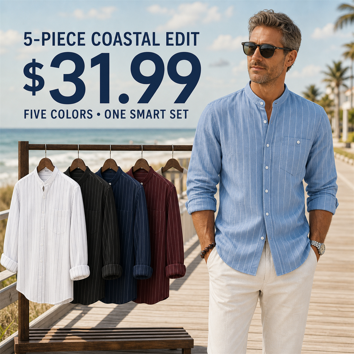 Men's Relaxed Striped Band-Collar Long-Sleeve Button-Front Shirt - 5-Piece Classic Color Set - $31.99
