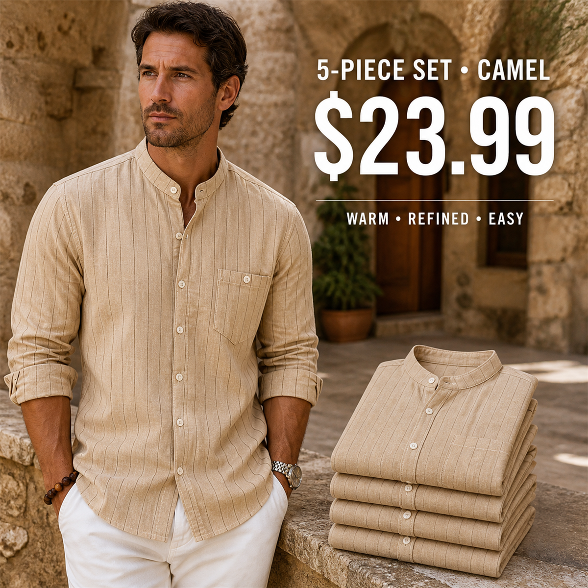 Men's Relaxed Striped Band-Collar Long-Sleeve Button-Front Shirt - 5-Piece Camel Set - $23.99