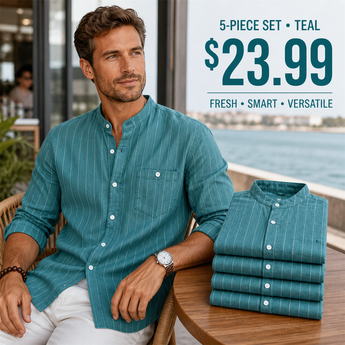 Men's Relaxed Striped Band-Collar Long-Sleeve Button-Front Shirt - 5-Piece Teal Set - $23.99