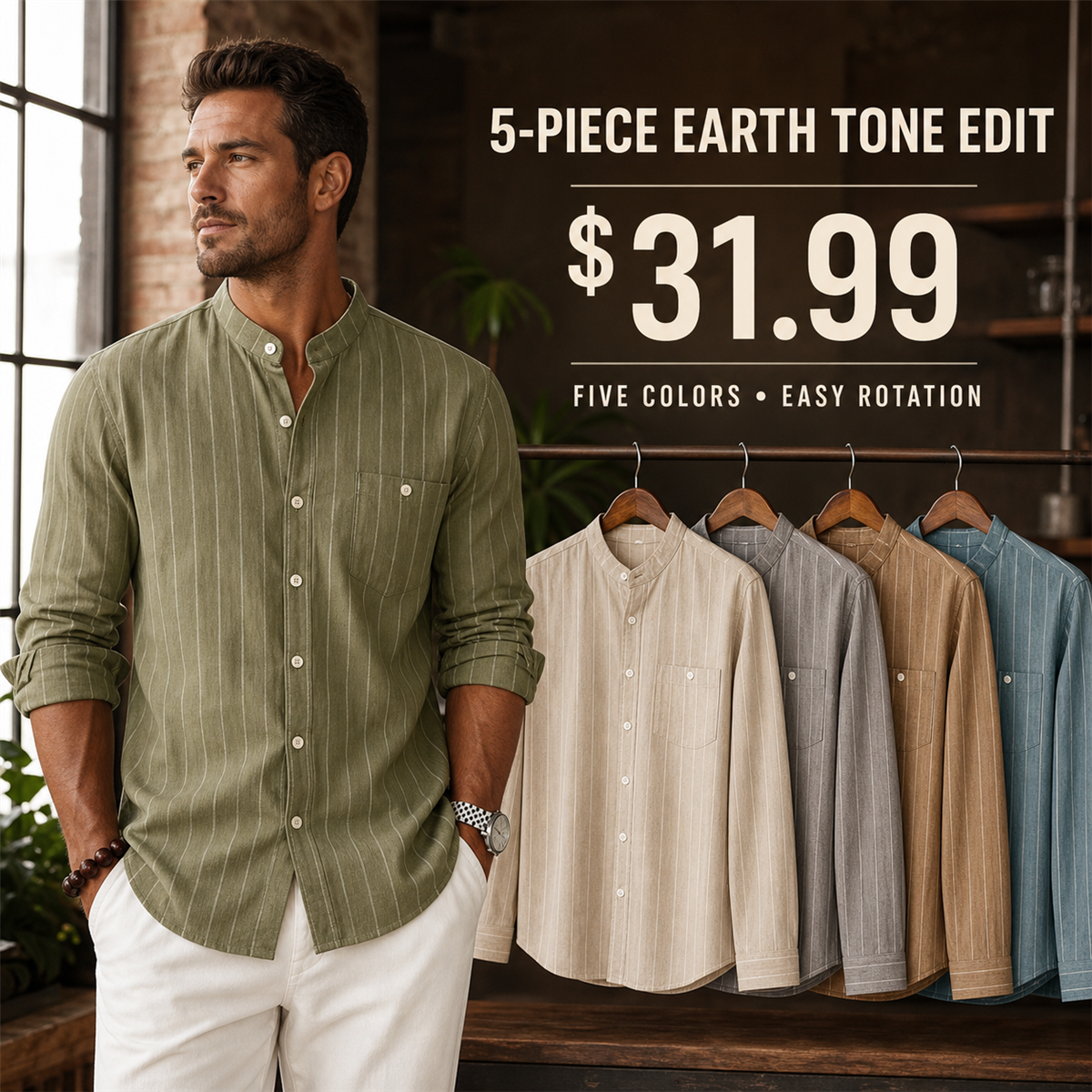 Men's Relaxed Striped Band-Collar Long-Sleeve Button-Front Shirt - 5-Piece Soft Color Set - $31.99