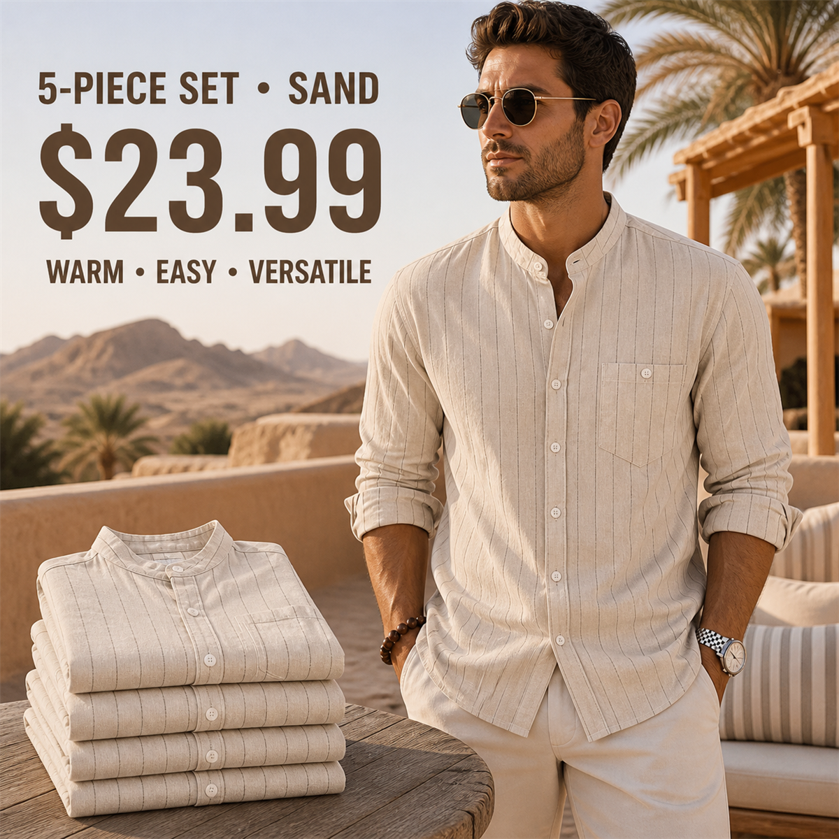 Men's Relaxed Striped Band-Collar Long-Sleeve Button-Front Shirt - 5-Piece Sand Set - $23.99