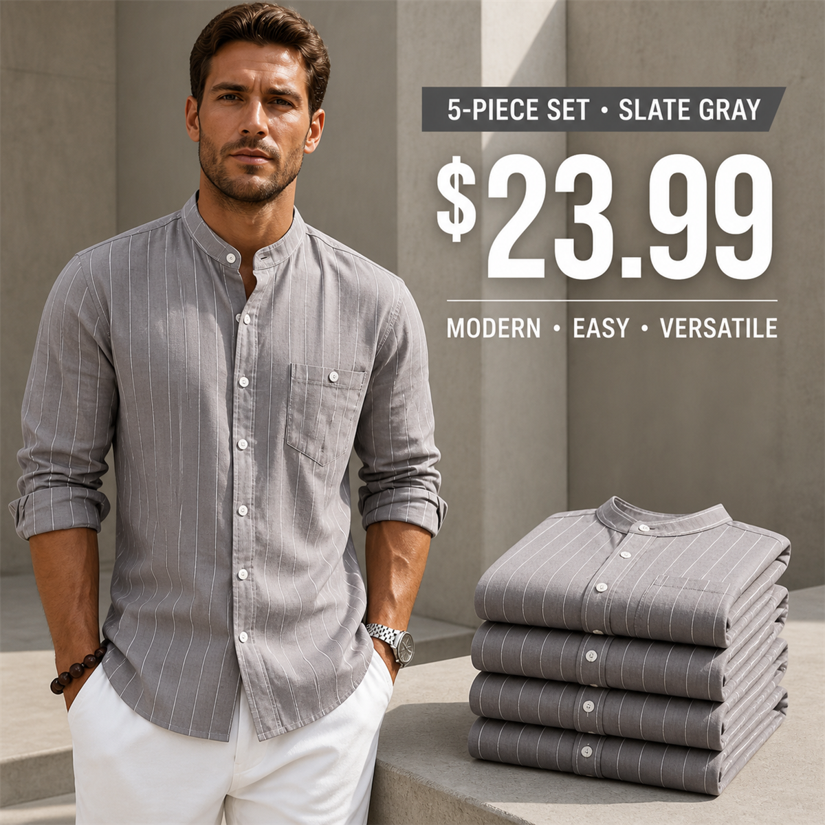 Men's Relaxed Striped Band-Collar Long-Sleeve Button-Front Shirt - 5-Piece Slate Gray Set - $23.99