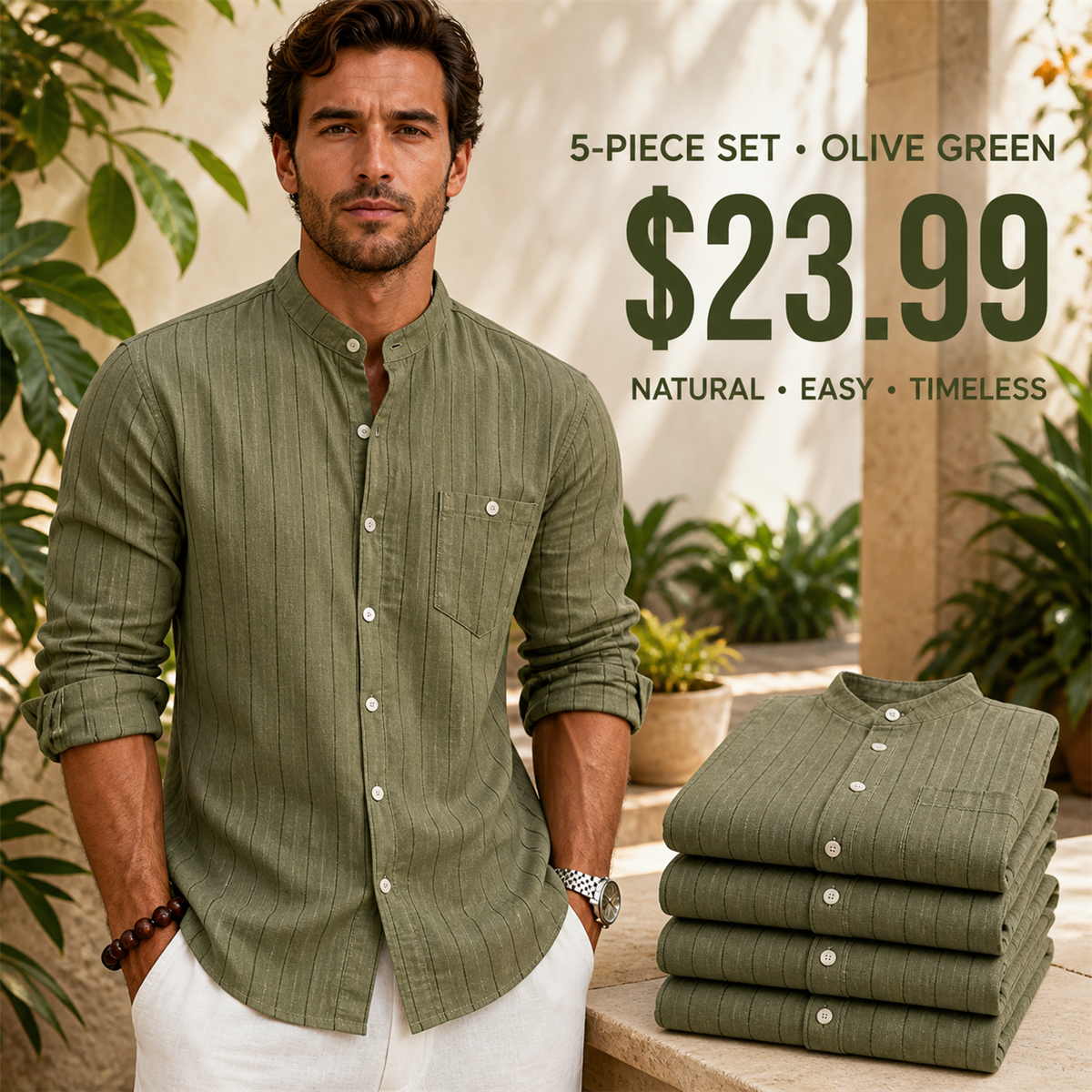 Men's Relaxed Striped Band-Collar Long-Sleeve Button-Front Shirt - 5-Piece Olive Green Set - $23.99