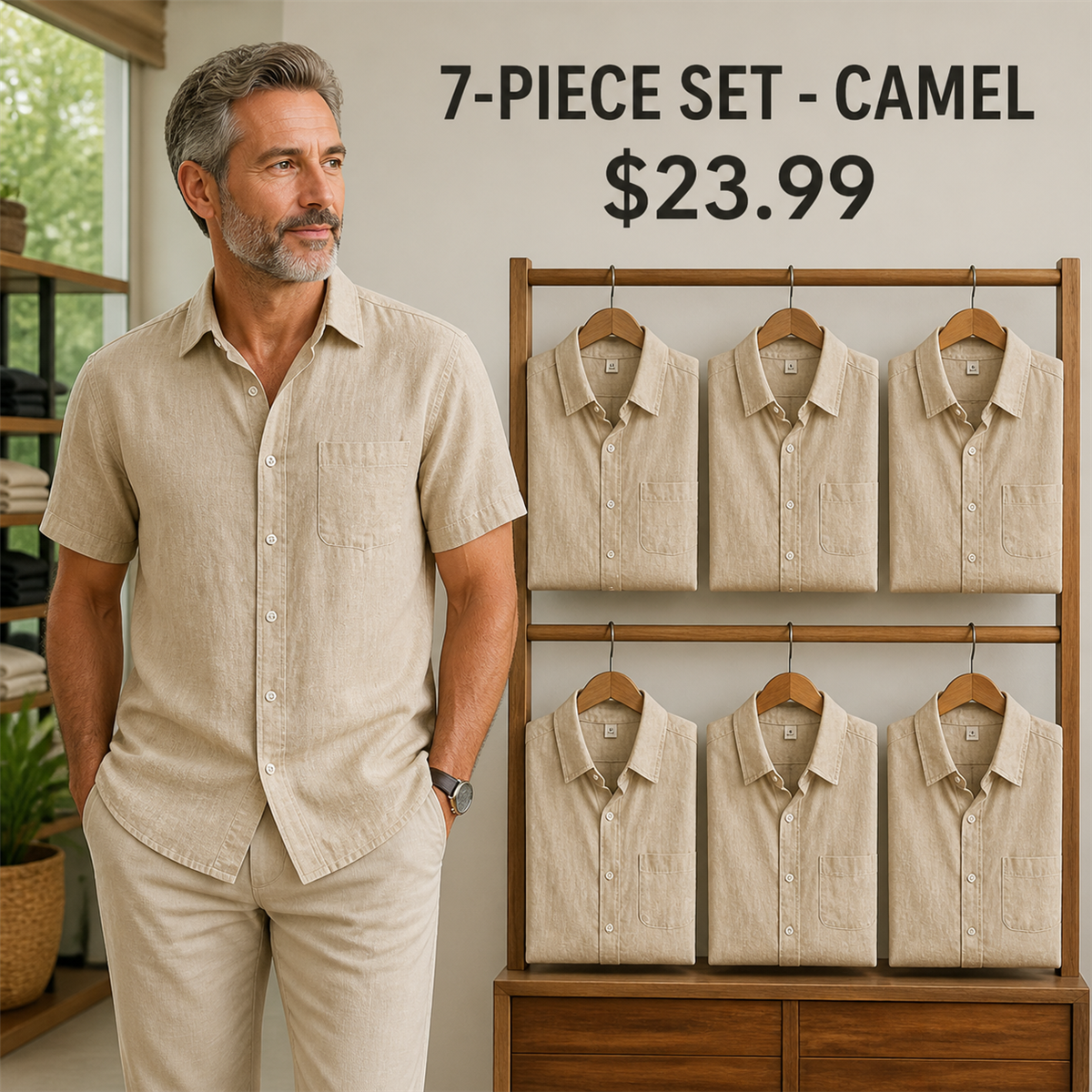 Men's Relaxed Linen-Look Short-Sleeve Button-Front Shirt - 7-Piece Camel Set - $23.99