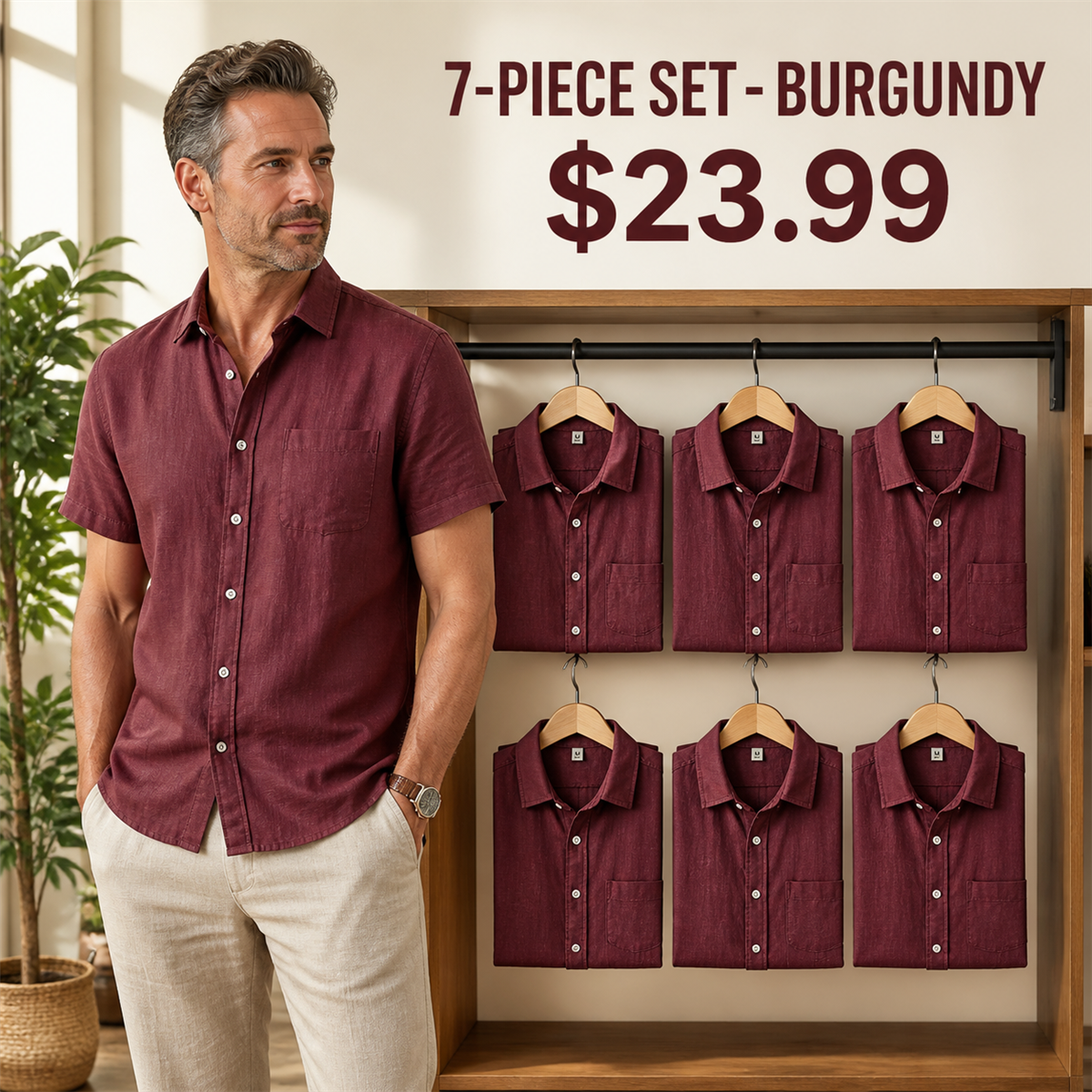 Men's Relaxed Linen-Look Short-Sleeve Button-Front Shirt - 7-Piece Burgundy Set - $23.99