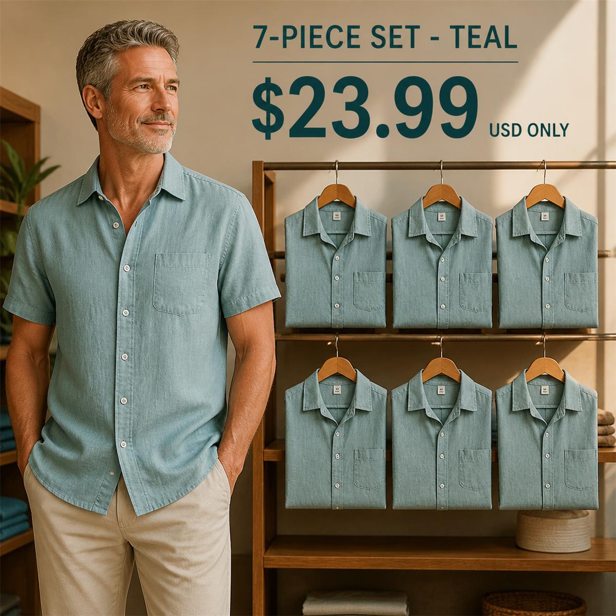 Men's Relaxed Linen-Look Short-Sleeve Button-Front Shirt - 7-Piece Teal Set - $23.99