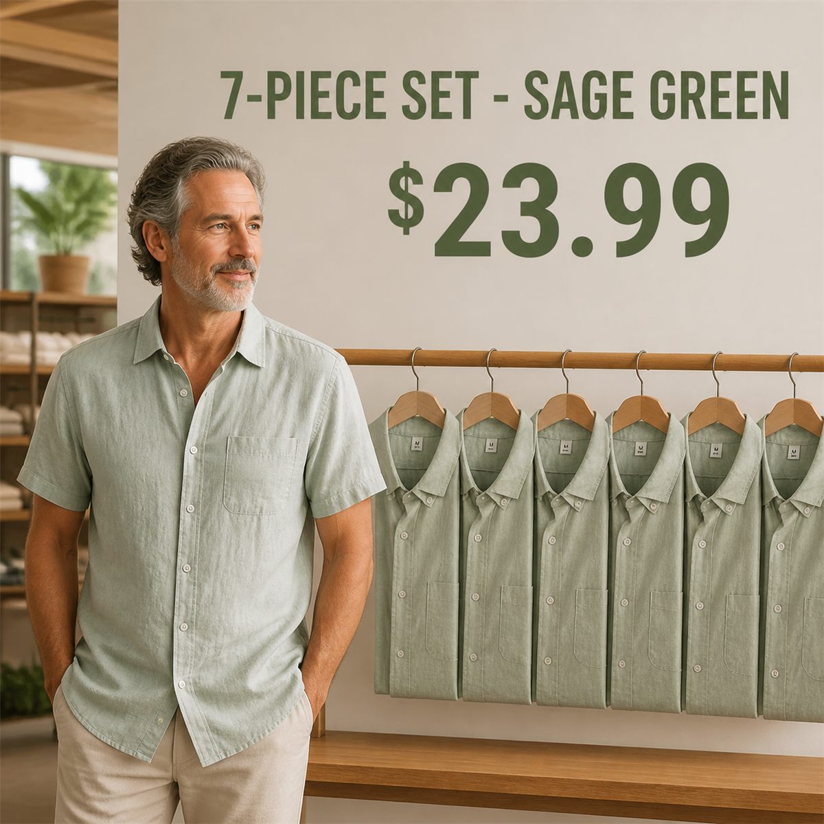 Men's Relaxed Linen-Look Short-Sleeve Button-Front Shirt - 7-Piece Sage Green Set - $23.99