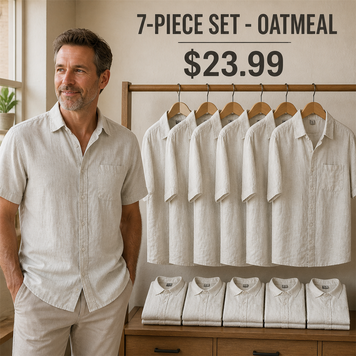 Men's Relaxed Linen-Look Short-Sleeve Button-Front Shirt - 7-Piece Oatmeal Set - $23.99