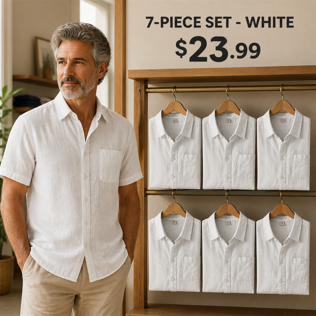 Men's Relaxed Linen-Look Short-Sleeve Button-Front Shirt - 7-Piece White Set - $23.99