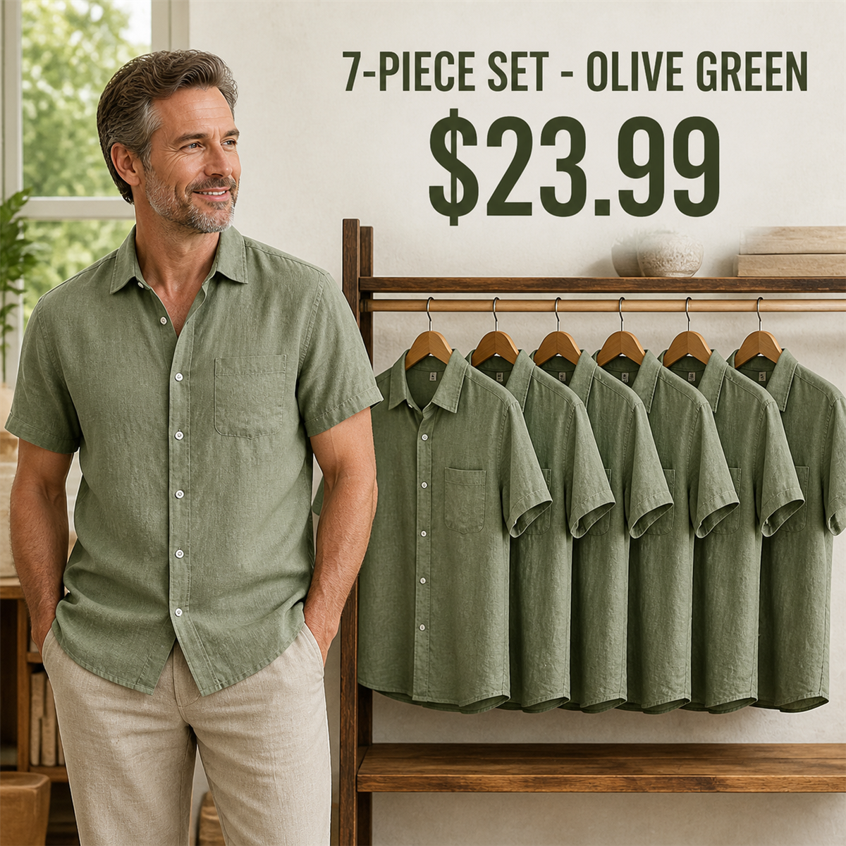 Men's Relaxed Linen-Look Short-Sleeve Button-Front Shirt - 7-Piece Olive Green Set - $23.99