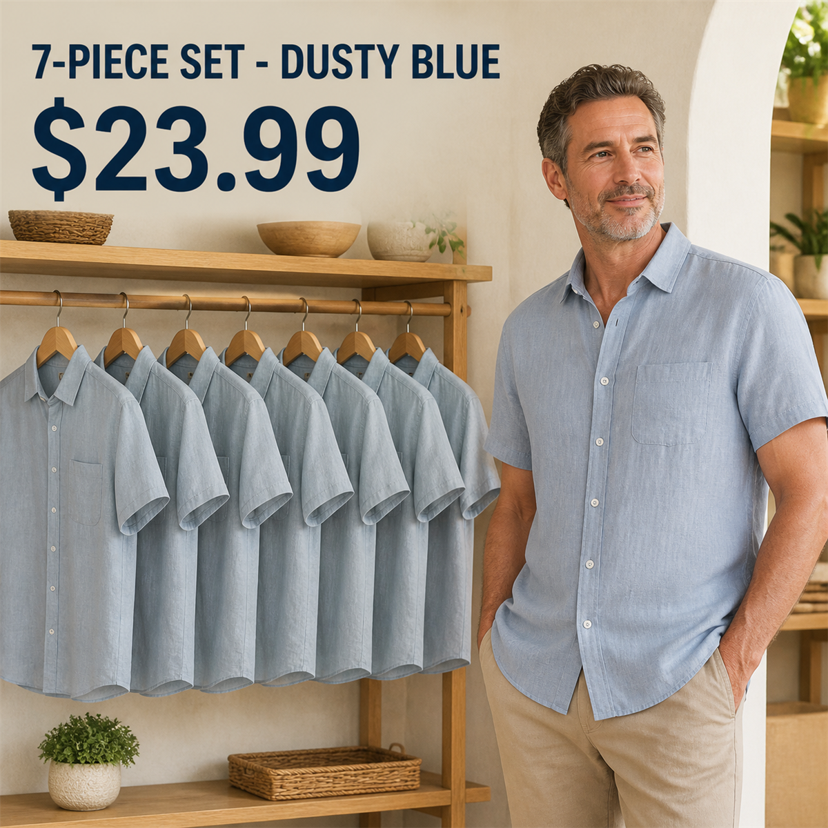Men's Relaxed Linen-Look Short-Sleeve Button-Front Shirt - 7-Piece Dusty Blue Set - $23.99