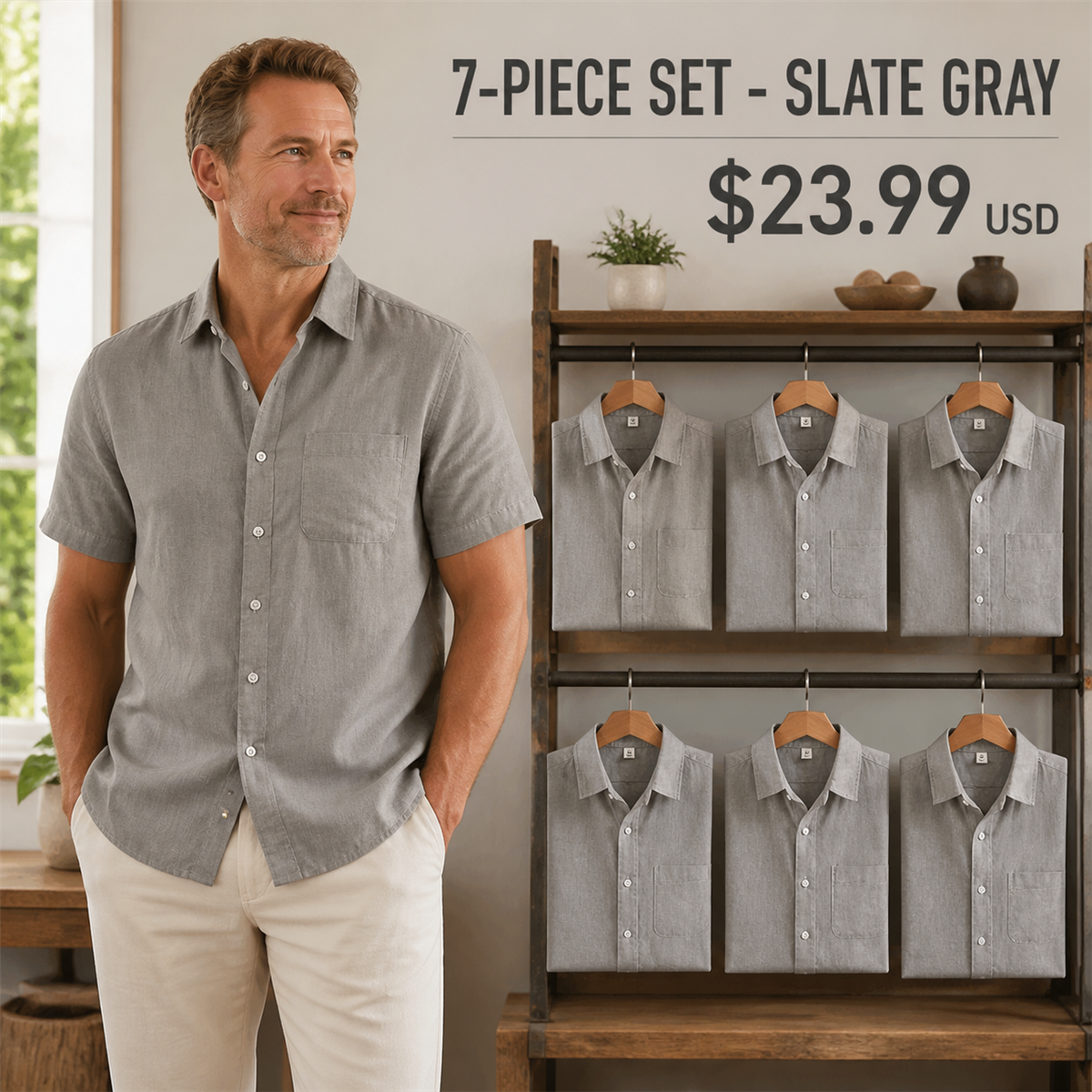 Men's Relaxed Linen-Look Short-Sleeve Button-Front Shirt - 7-Piece Slate Gray Set - $23.99