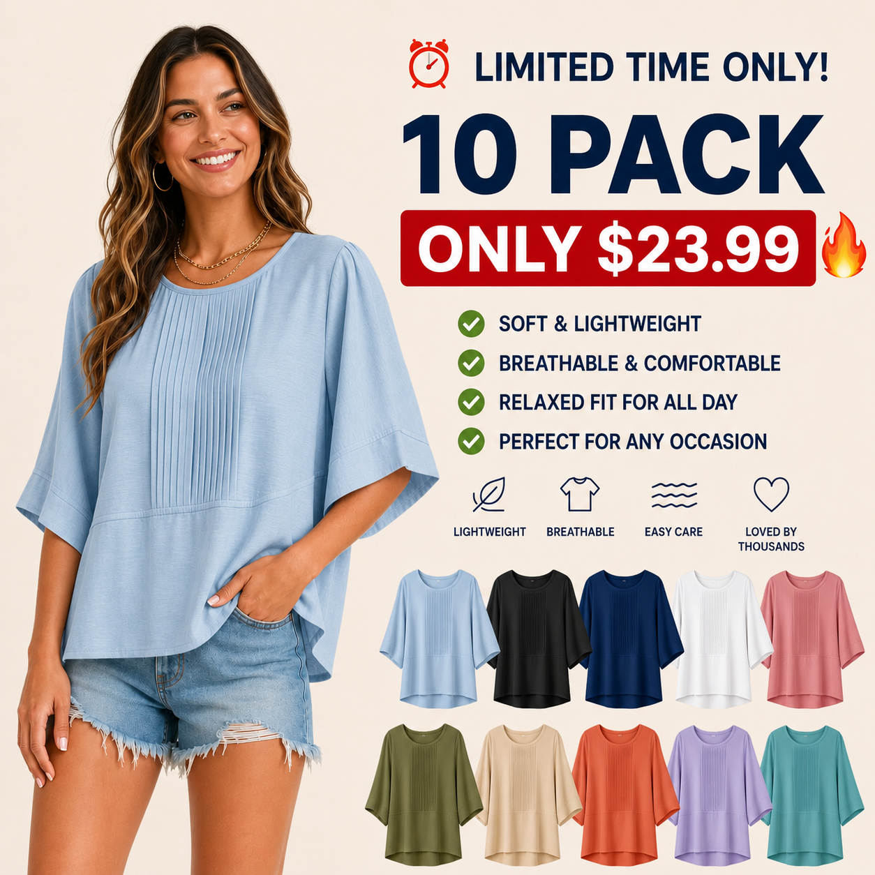 ⏰Store Closing Clearance⚡10 Pack for $23.99⚡Women's Pleated Bell Sleeve Beach Top