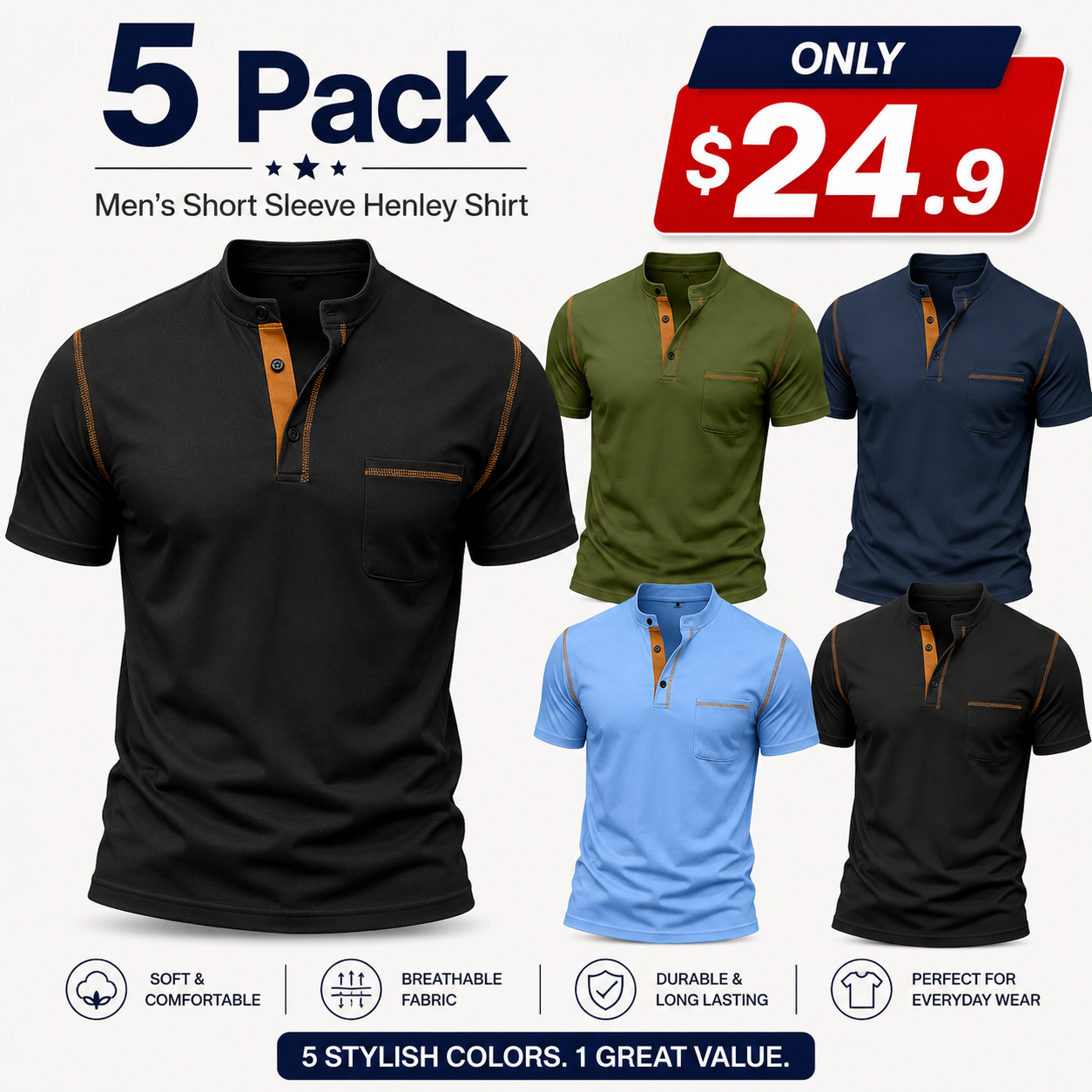 Seasonal Clearance Sale ⚡10 for Just 29.9  Men's Casual Short-Sleeve Henley Pocket T-Shirt