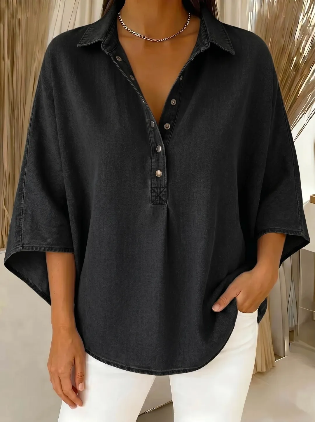 🔥Women's Relaxed Denim-Style Button Detail Top