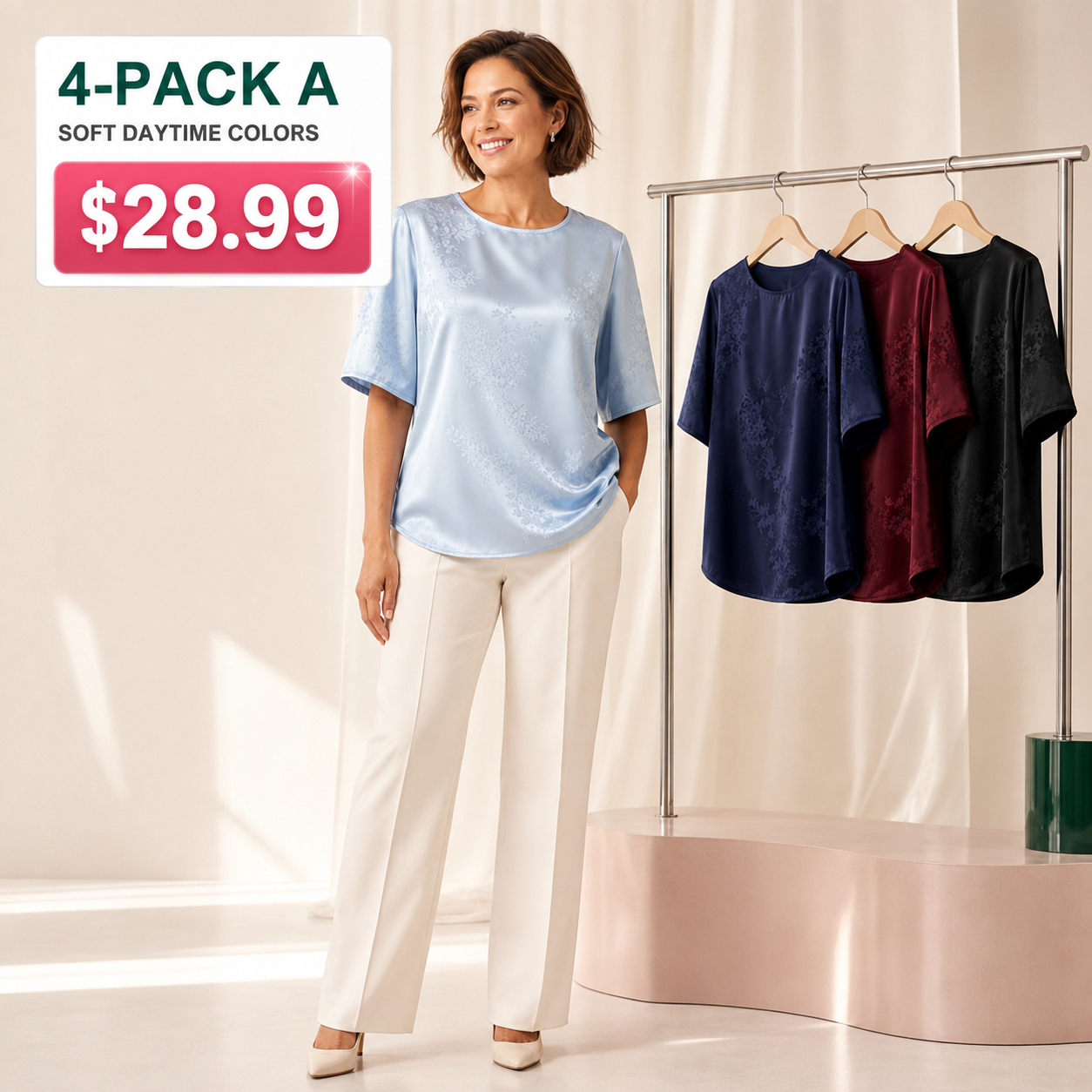 Women's Floral Satin-Look Short-Sleeve Blouse