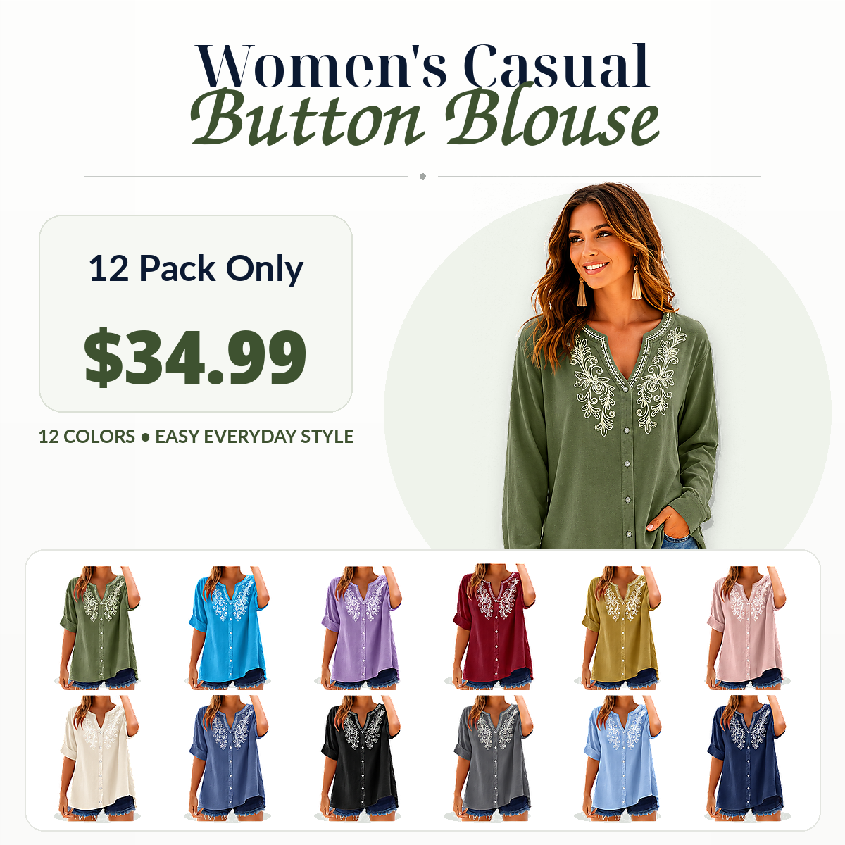 Women’s Embroidered V-Neck Button Shirt – Relaxed Fit, Lightweight & Elegant Everyday Top