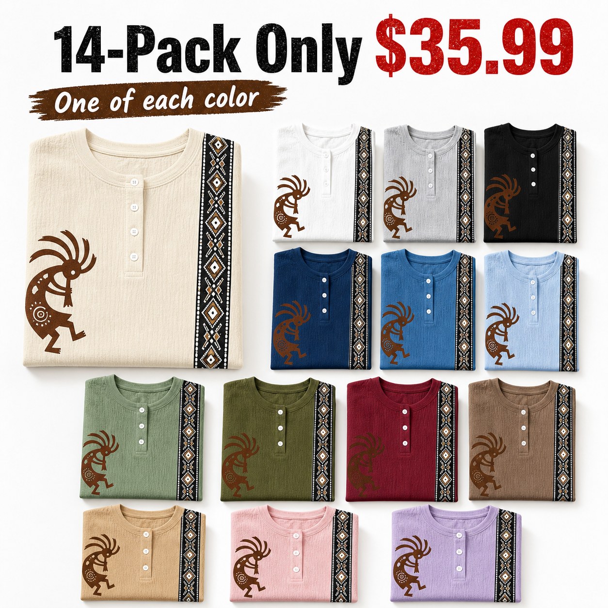 Women's Southwest Kokopelli henley top - bundle 14pack