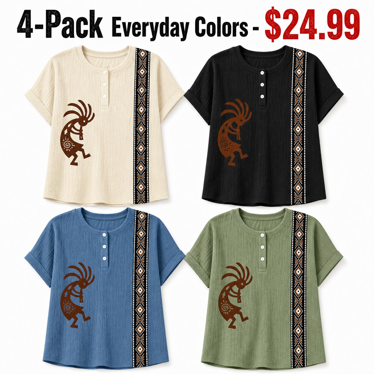 Women's Southwest Kokopelli henley top - bundle 4pack