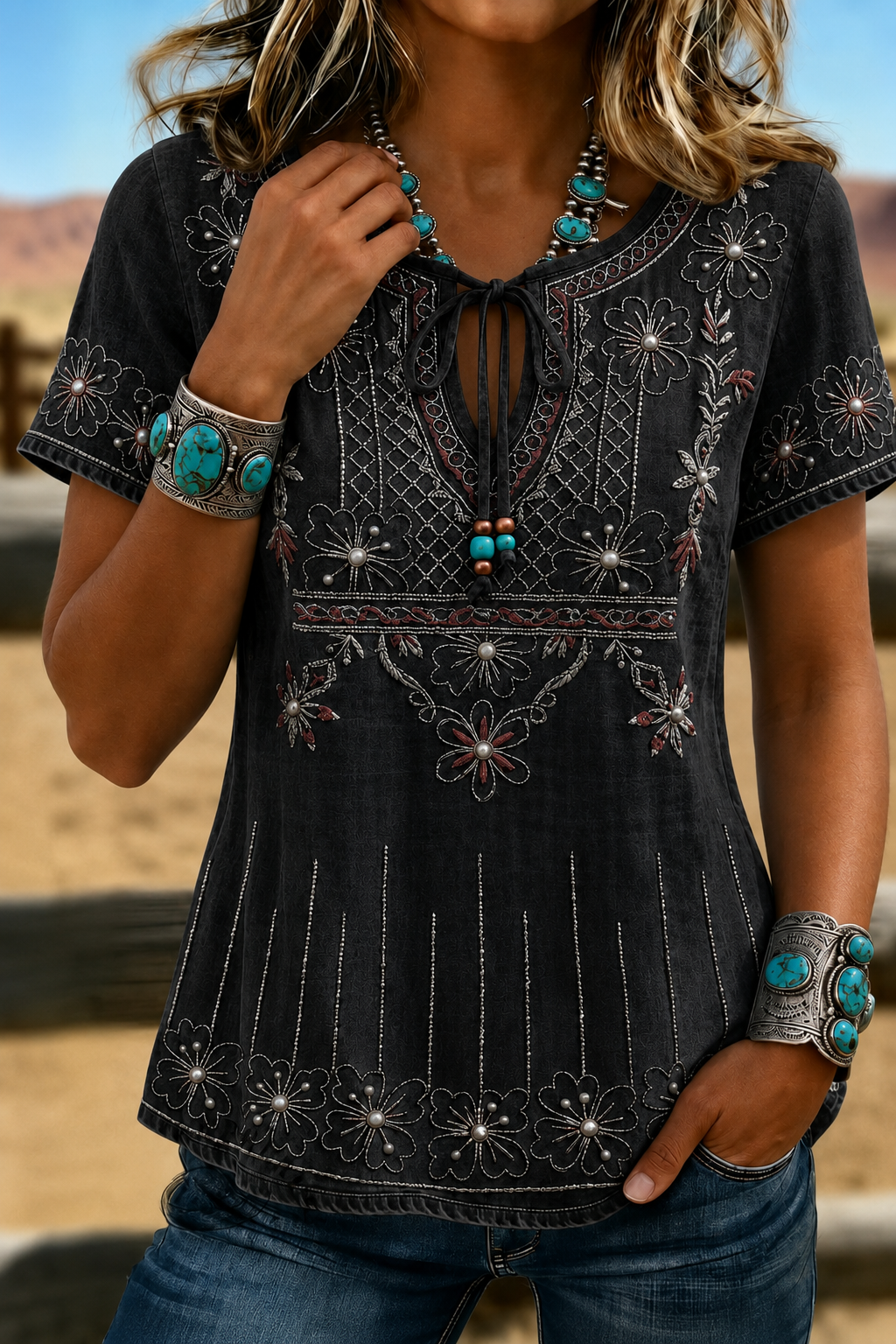 Women’s Floral Embroidered Tie-Neck Short Sleeve Denim-Look Top