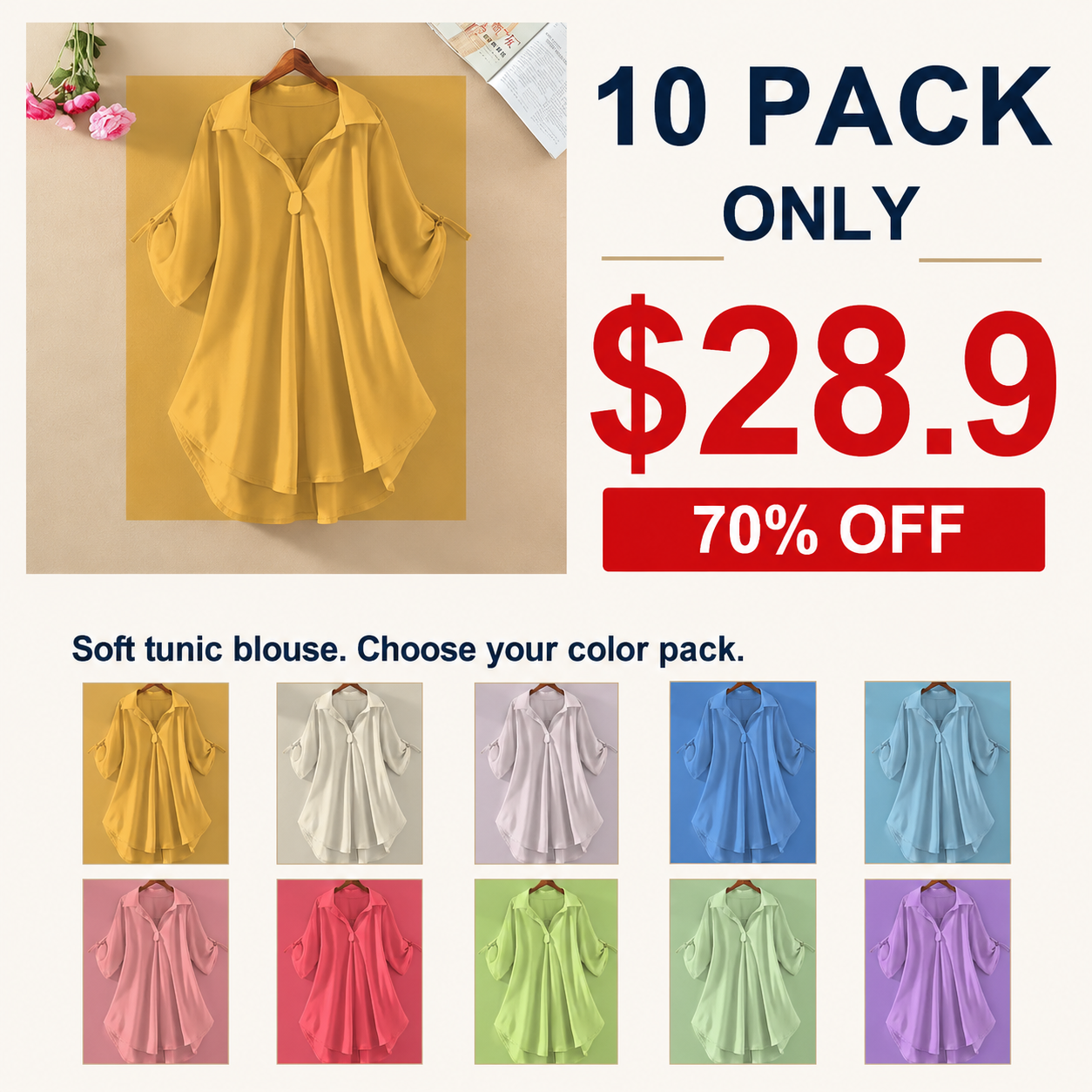 ⏰Store Closing Clearance⚡10 Pack for $28.9⚡Women's Roll-Tab Tunic Blouse