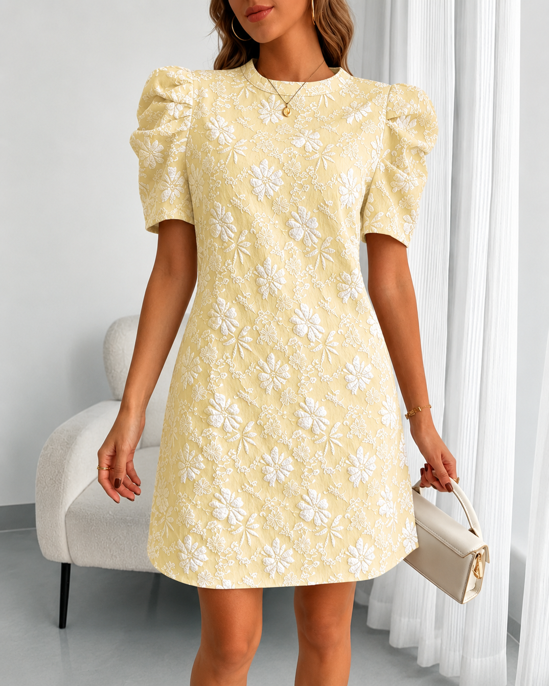 Women's Casual Puff Sleeve Textured Jacquard Dress