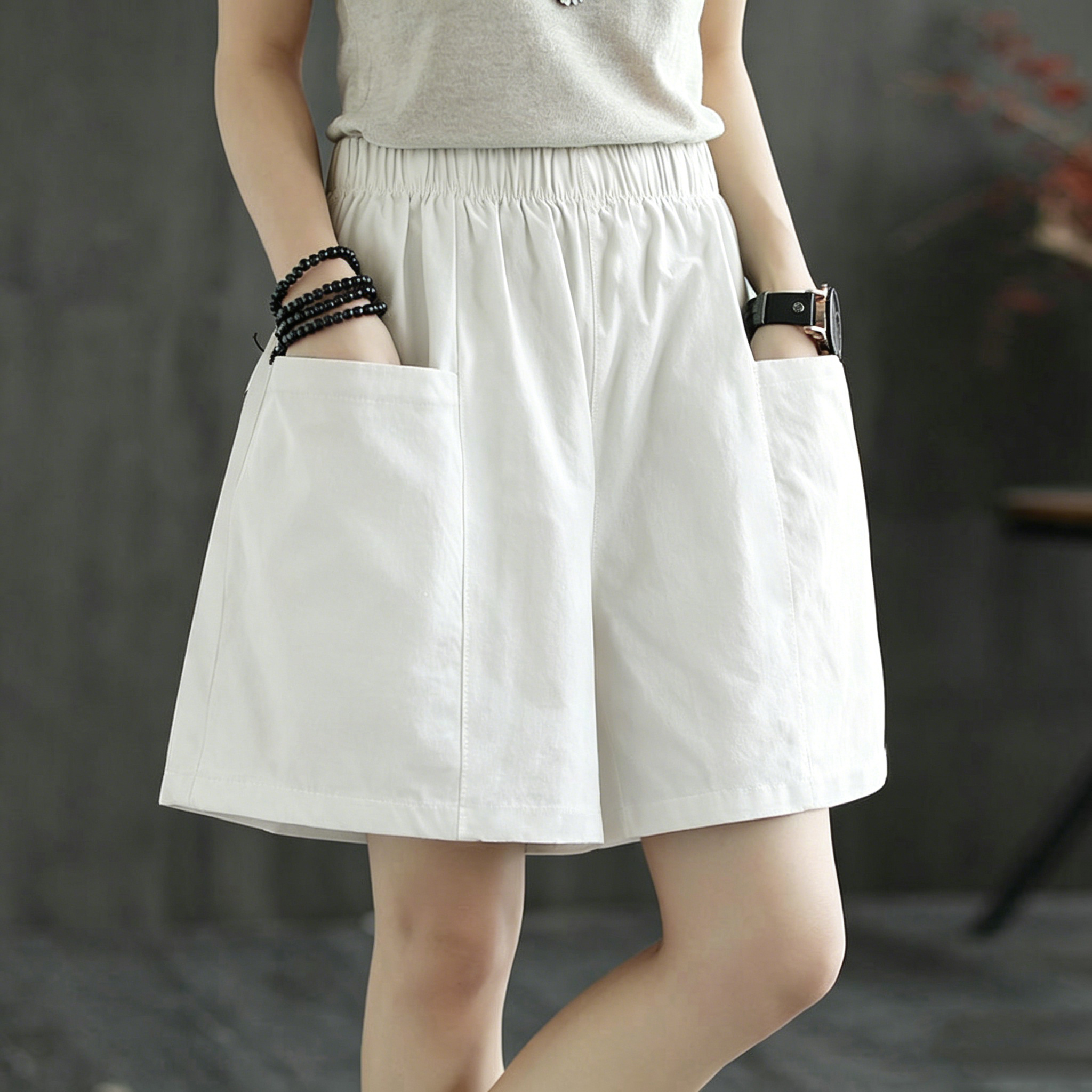 Casual High-Waist Elastic Pocket Shorts – Summer Comfort for Women