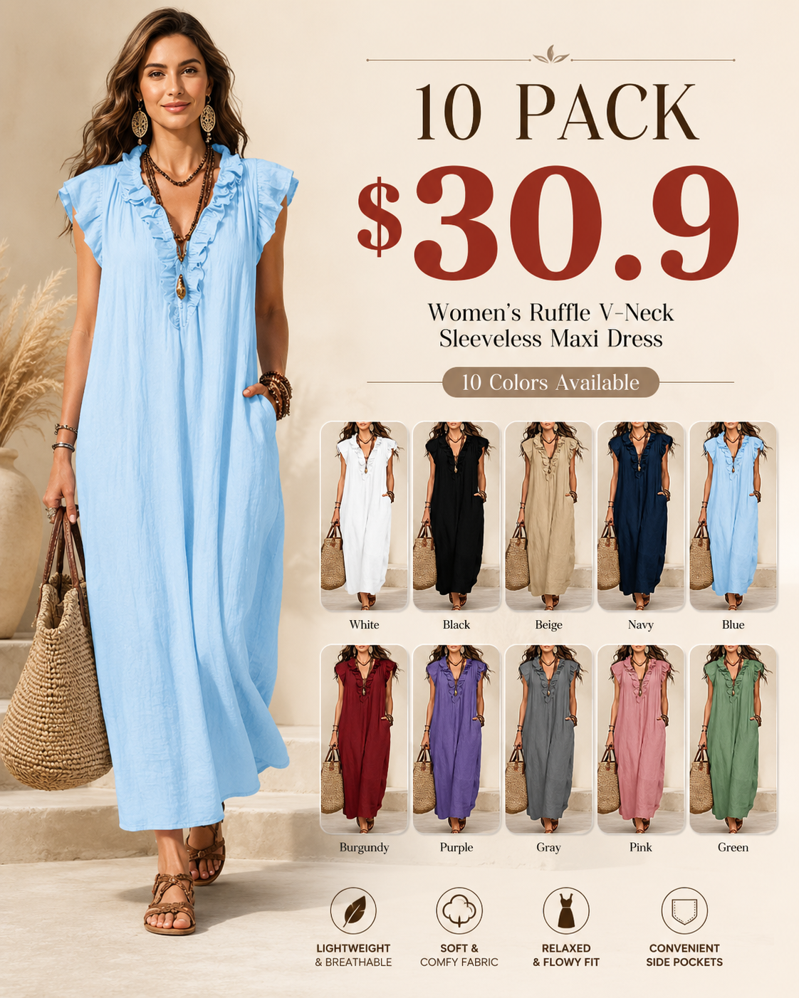 Seasonal Clearance Sale🔥10-PackOnly $30.9     Ruffle V-Neck Maxi Dress