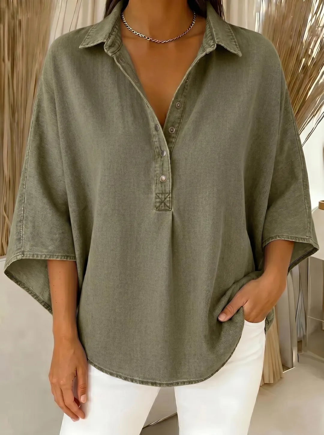 🔥Women's Relaxed Denim-Style Button Detail Top