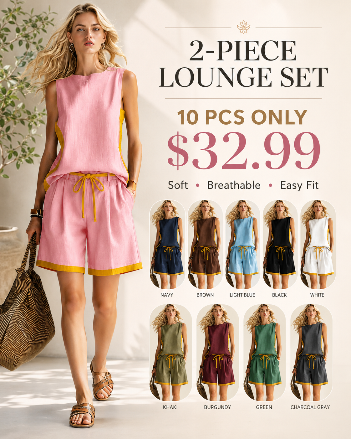 Women's Round Neck Sleeveless Casual Loose Vest And Elastic Waist Casual Loose Shorts Cotton And Linen Set.