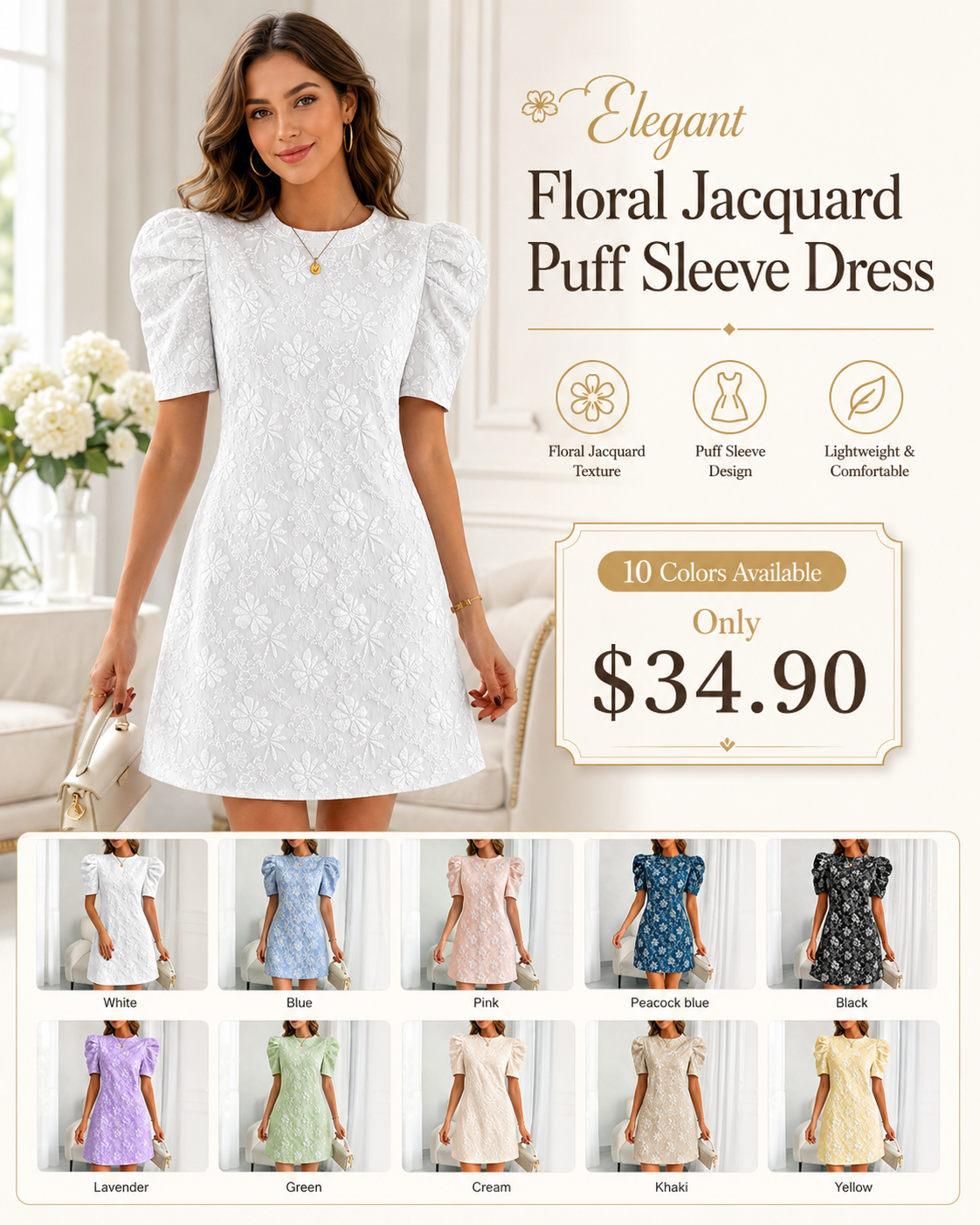 Seasonal Clearance Sale🔥10-PackOnly $34.9   Floral JacquardPuff Sleeve Dress