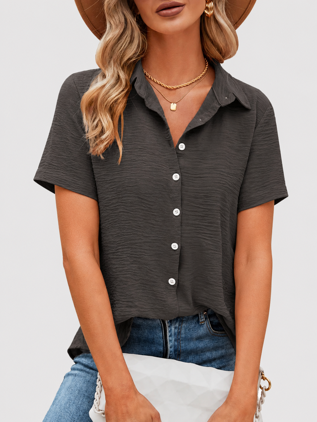 Seasonal Clearance Sale🔥10-PackOnly $29.99   Women’s Textured Short Sleeve Button-Up Shirt