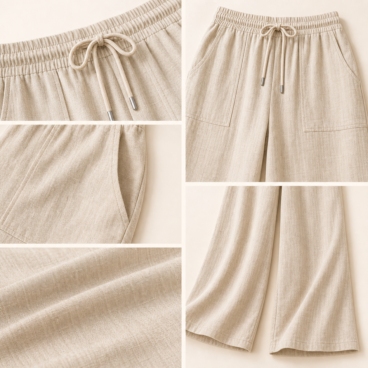 Drawstring wide-leg pants waistband pockets fabric detail collage
