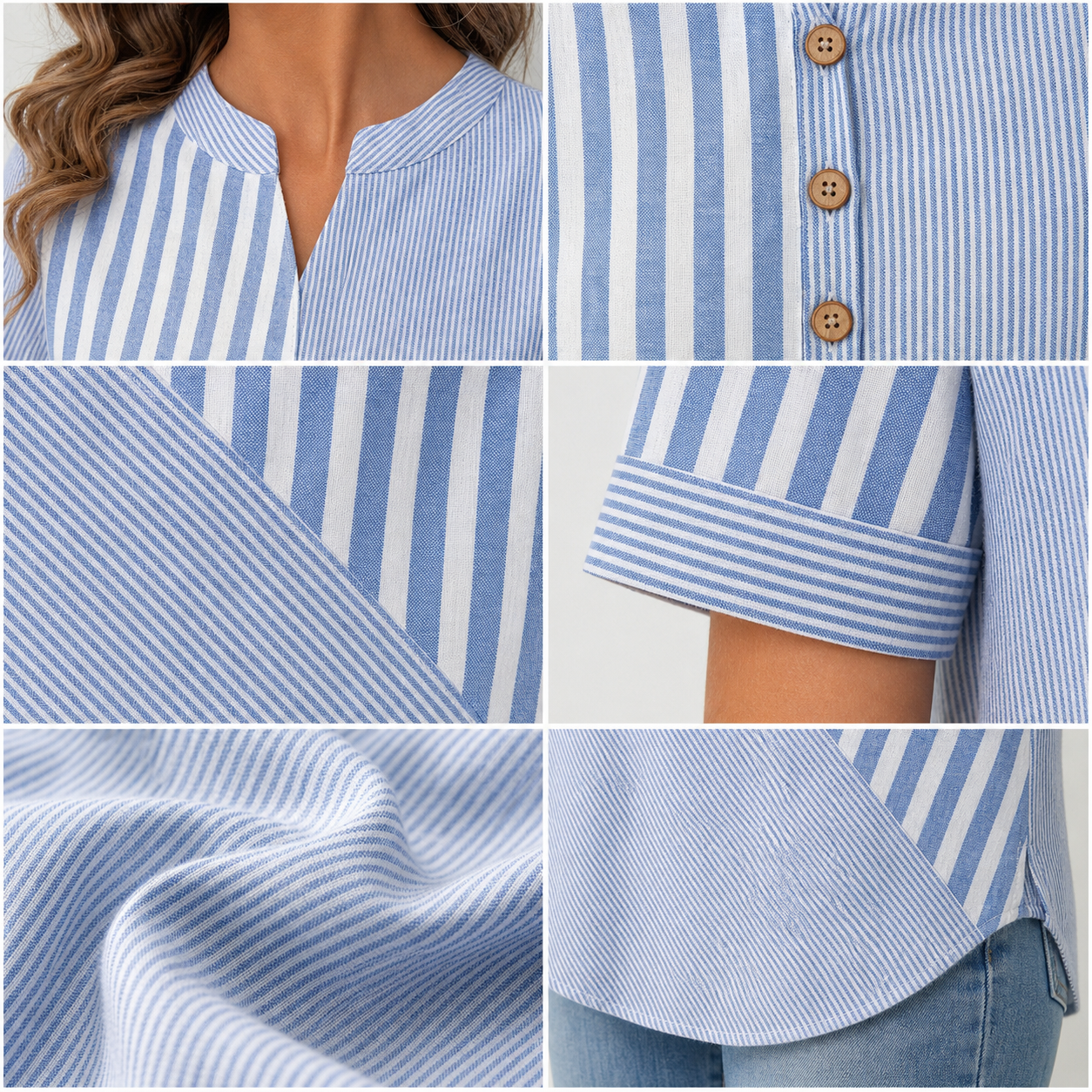 Women's blouse split collar wooden button placket patchwork stripe detail collage