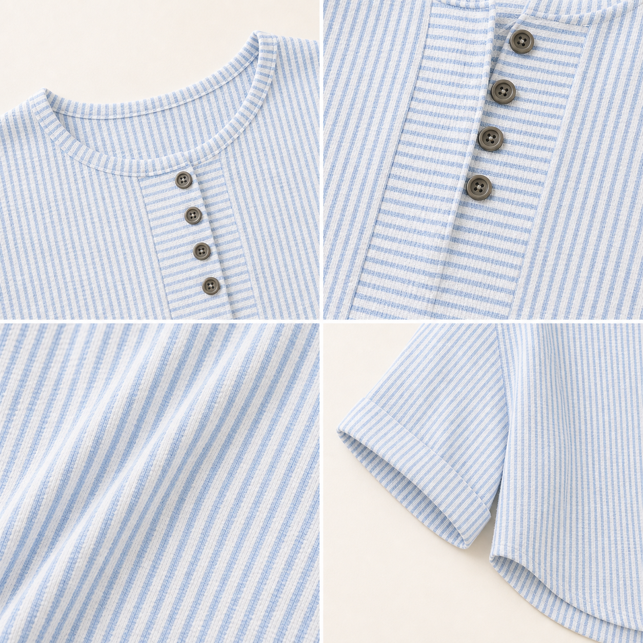 Striped button placket fabric neckline and sleeve detail collage