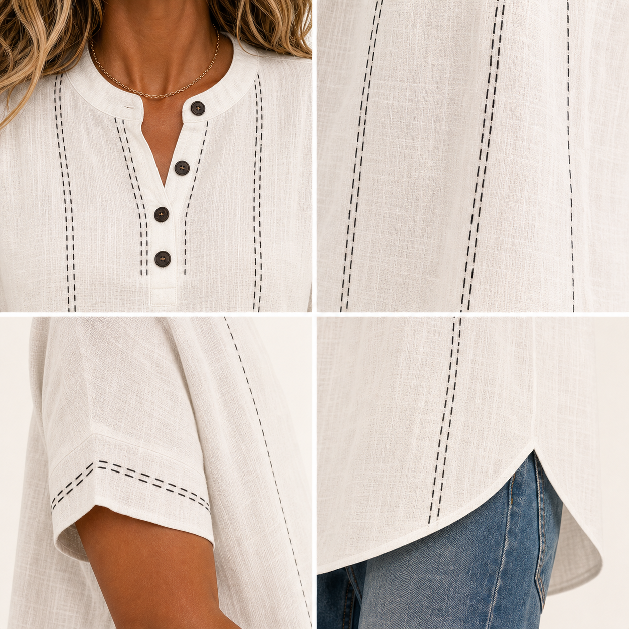 Henley buttons linen texture contrast stitch detail collage