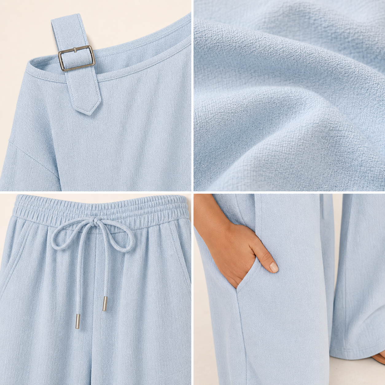 Buckle shoulder strap soft fabric waistband pocket and wide leg hem details