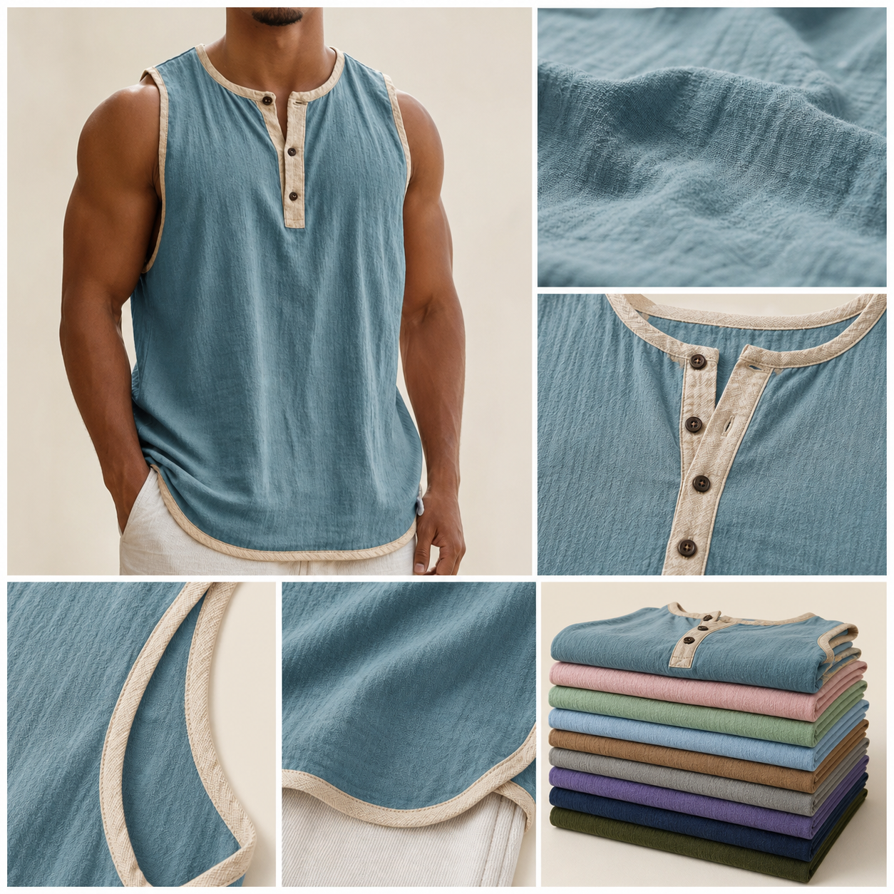 Men's sleeveless henley tank top fabric and trim details