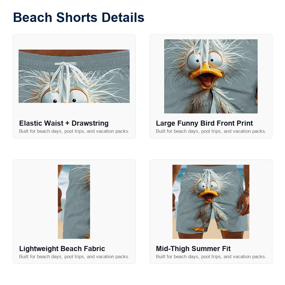 Men's novelty bird print beach shorts drawstring and fabric details