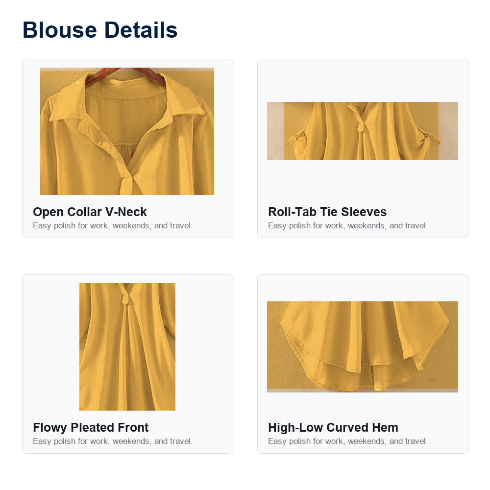 Women's roll tab tunic blouse collar sleeve and hem details