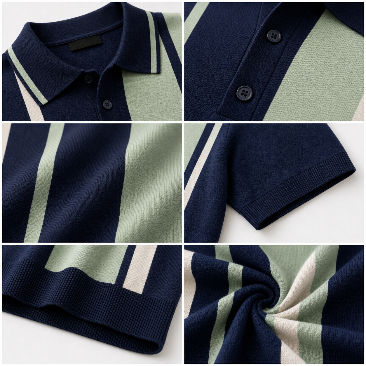 Men's Vertical Stripe Knit Polo Shirt fabric and trim details