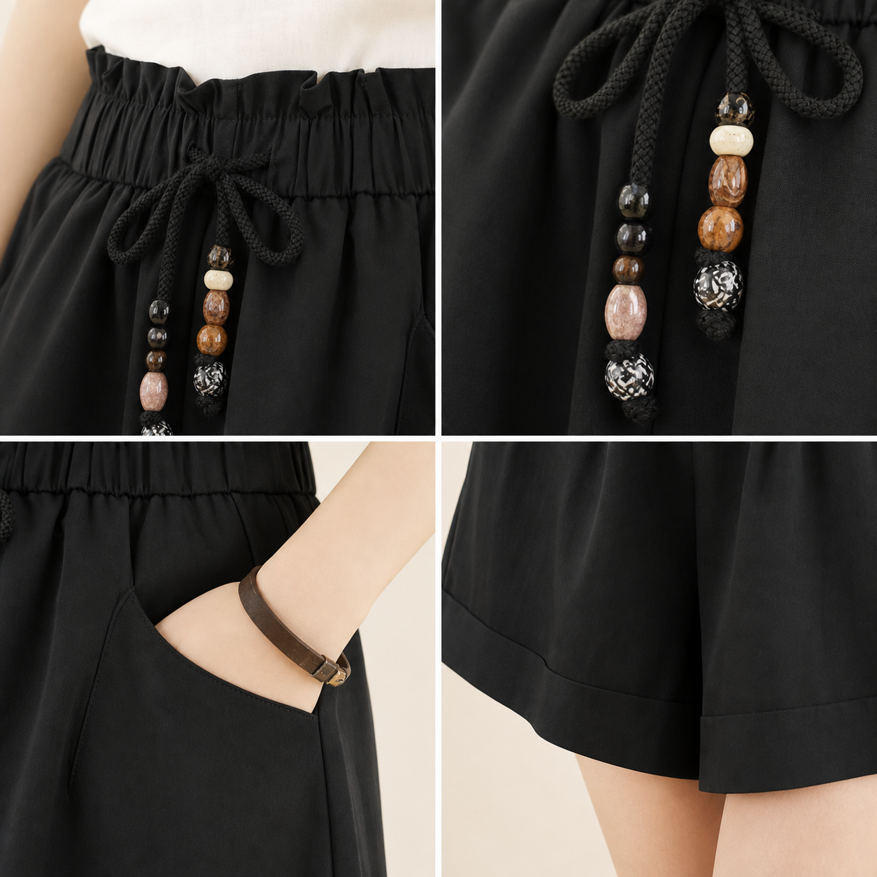 Elastic waistband bead drawstring pocket hem fabric detail collage