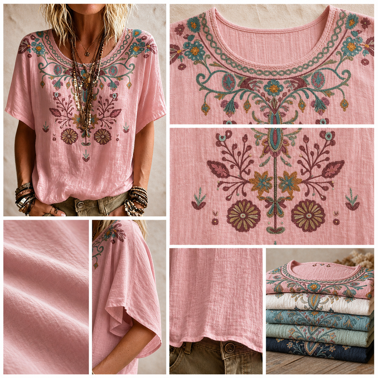 Women's boho embroidered blouse fabric and embroidery details