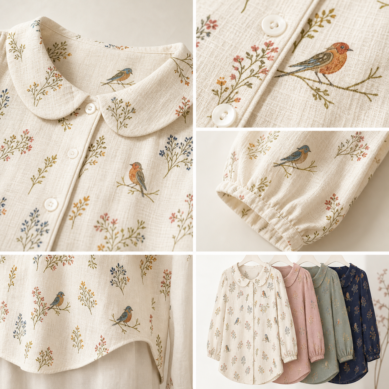 Women's bird botanical collar blouse fabric collar and print details