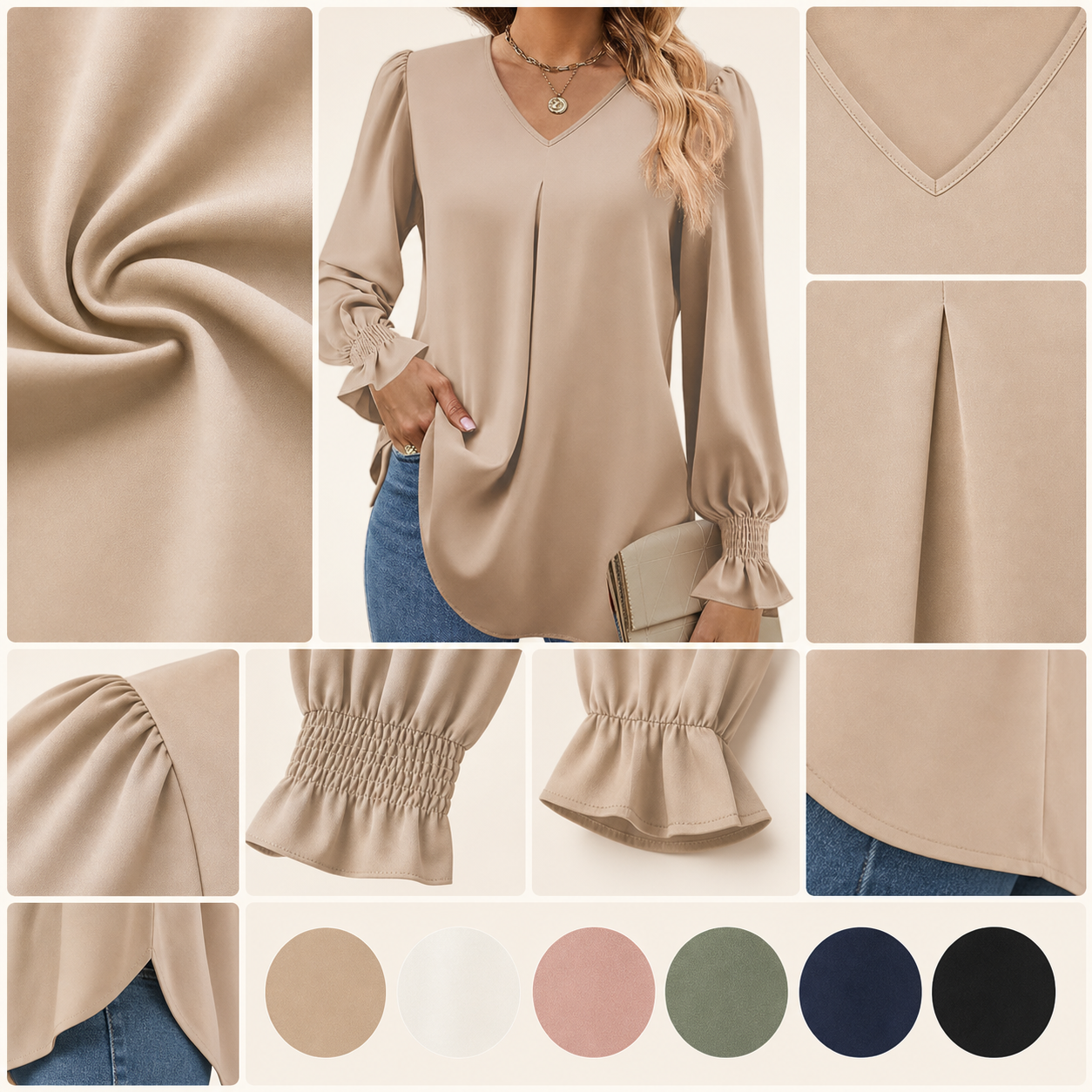 Women's V-neck pleated sleeve blouse neckline pleat cuff and fabric details