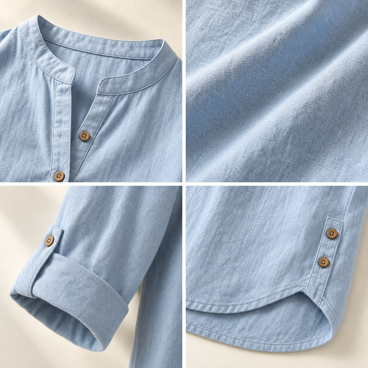 Women's washed cotton linen band collar blouse detail collage