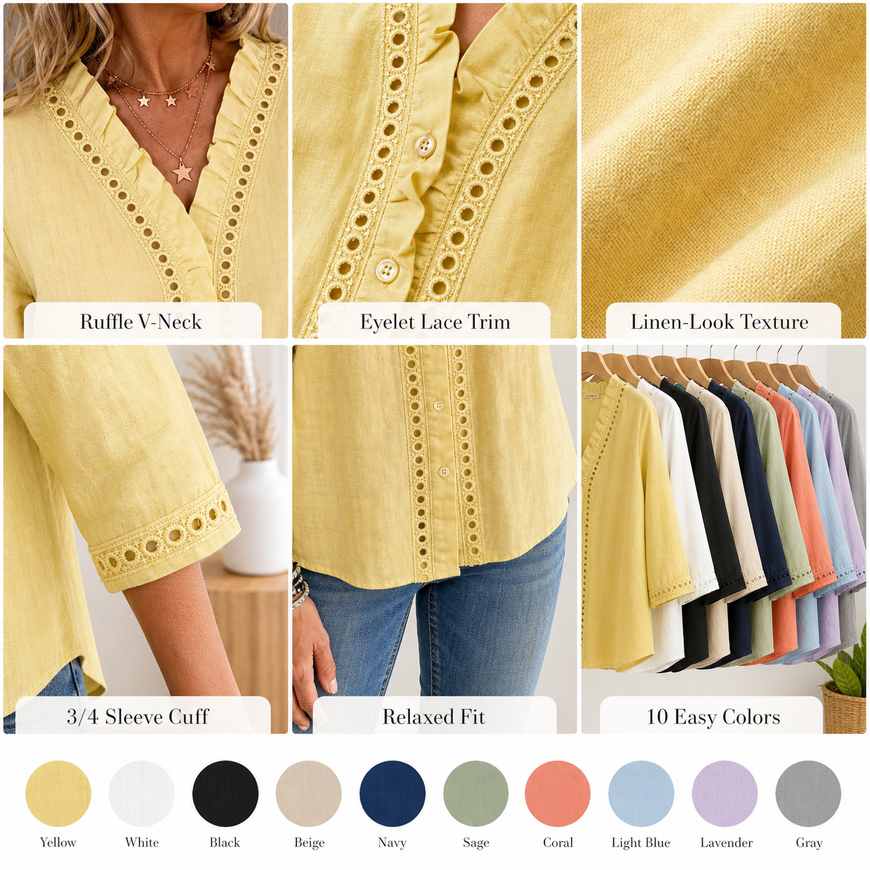 Women's linen lace ruffle V-neck blouse ruffle neckline eyelet trim fabric cuff and color details