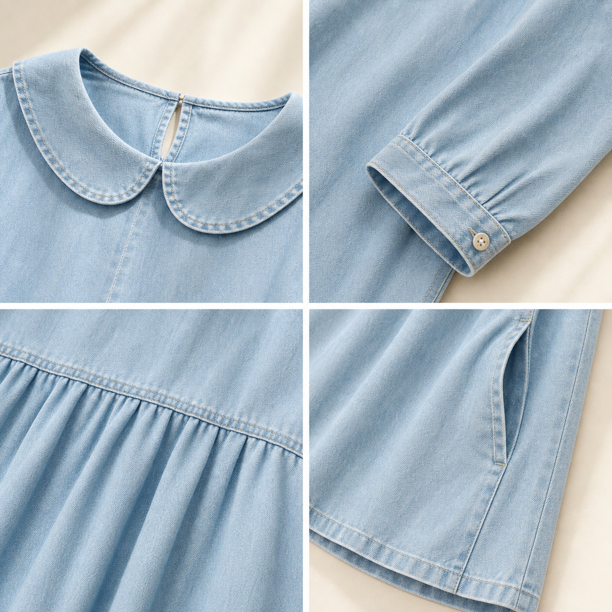 Women's Peter Pan collar denim maxi dress detail collage