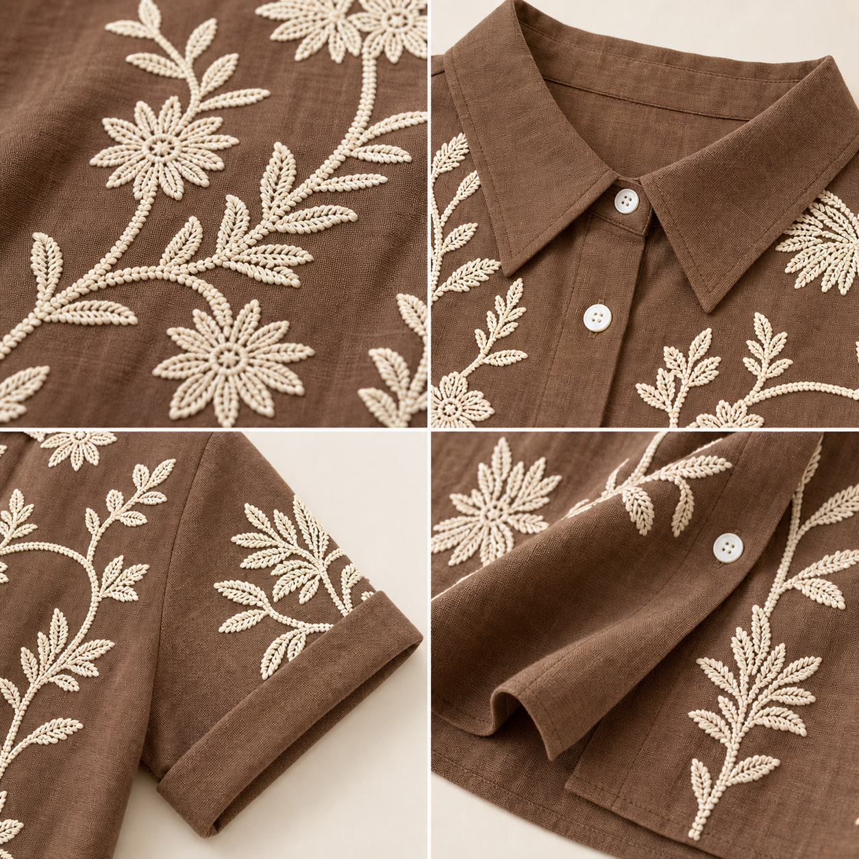 Embroidery collar button rolled sleeve linen texture details