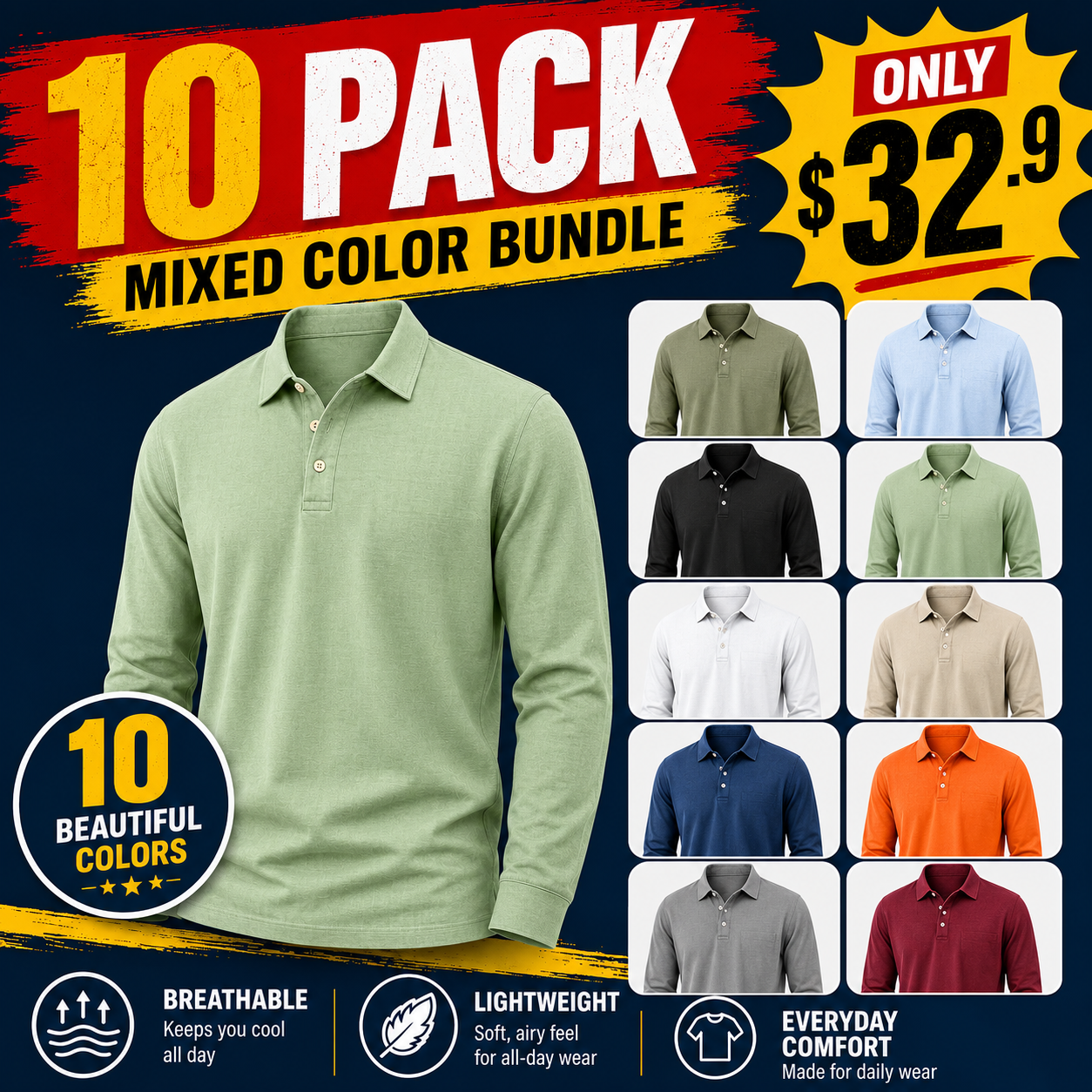 🔥10-Pack Men's Long Sleeve Polo Shirts – Mixed Color Bundle